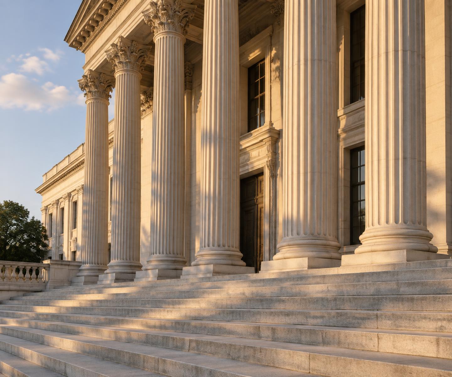 Classical courthouse columns in warm evening light
